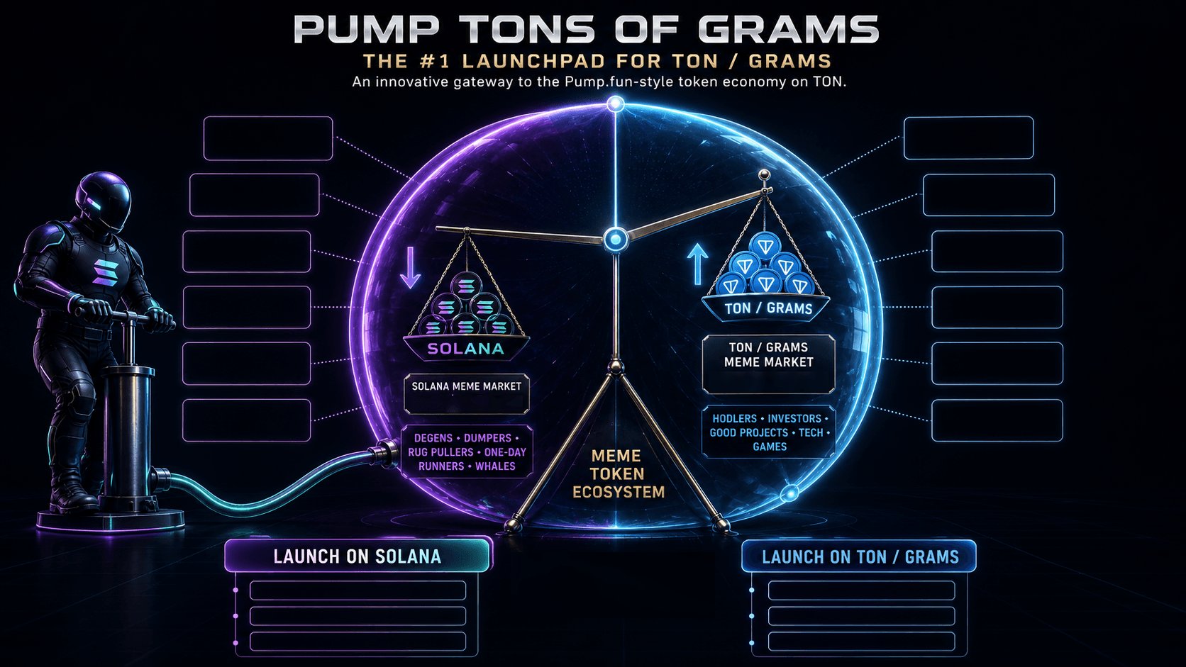 Pump Tons Of Grams launchpad. Solana on the left, Multi-Chain in the center, TON on the right.