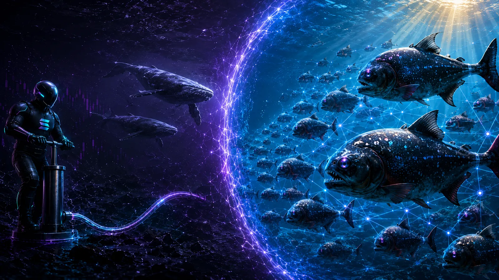 Piranhas holding an illuminated network perimeter at the gateway while whales approach from the dark water.