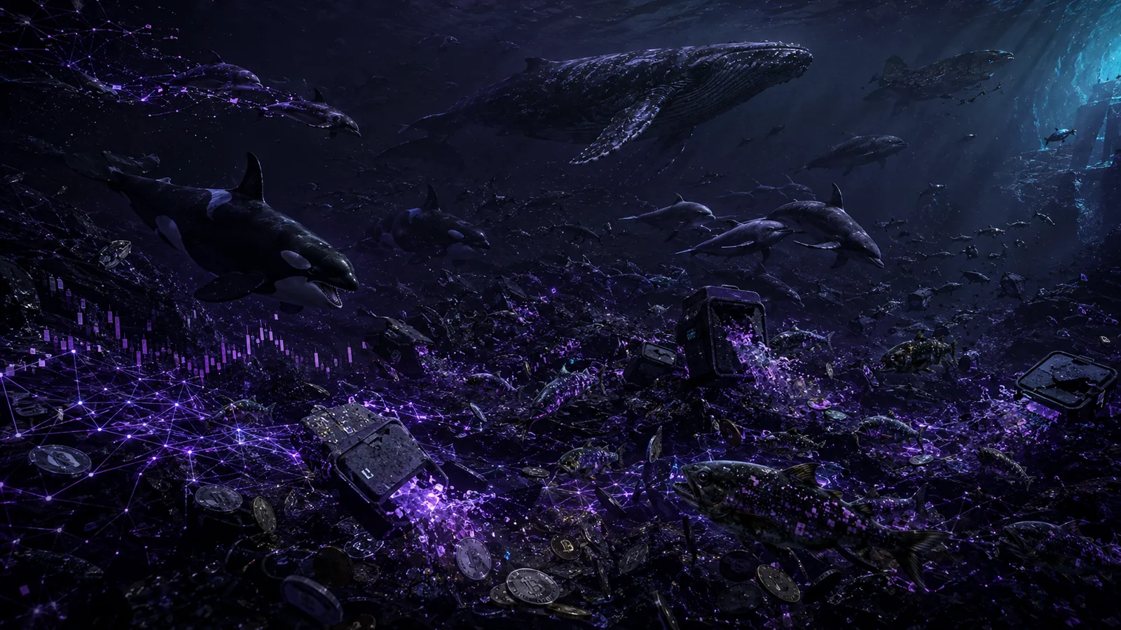 The old ocean: whales, killer whales and dolphins over a seabed of emptied hardware wallets, scattered coins and candlestick light.