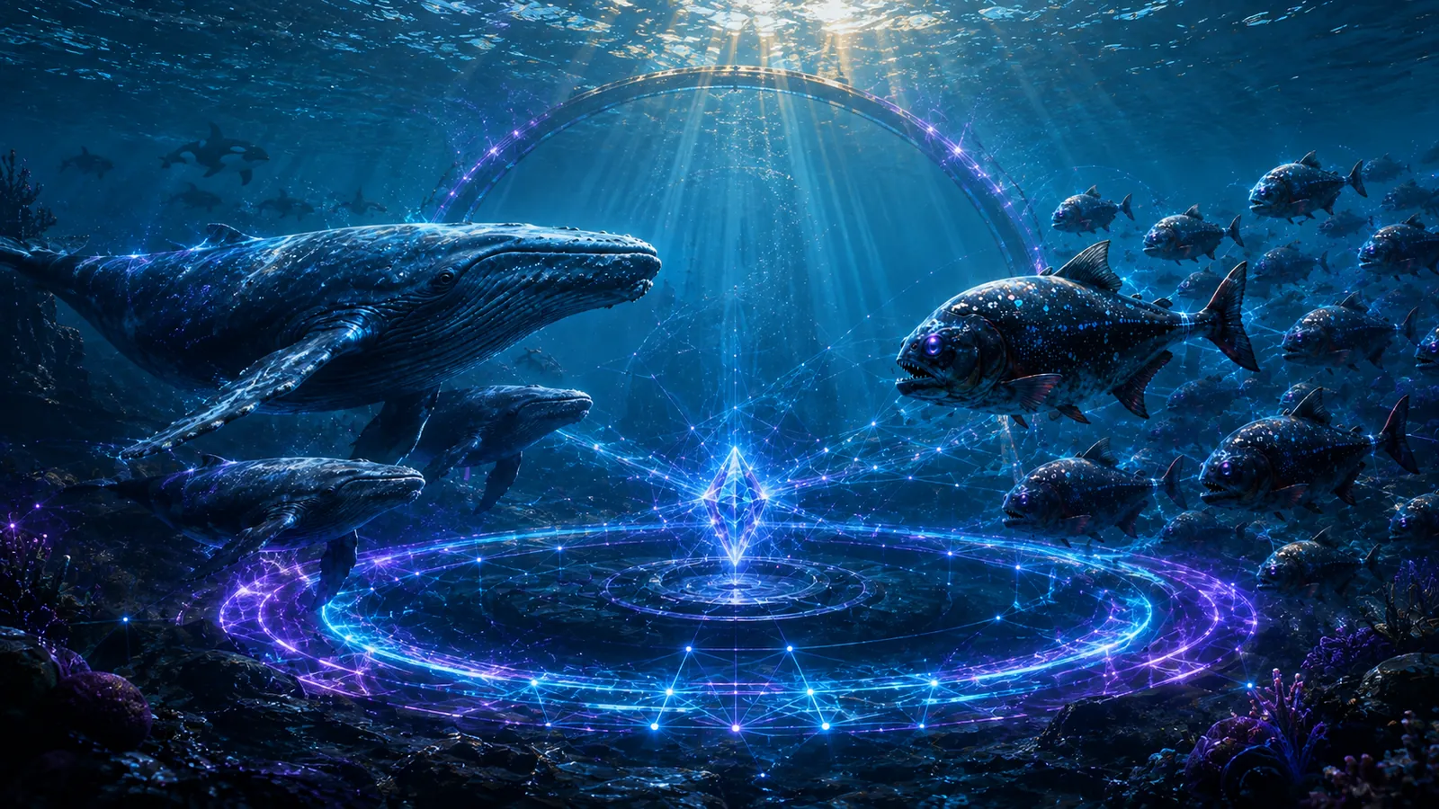 Whales on one side and piranhas on the other, meeting over a glowing circular agreement drawn on the seabed.