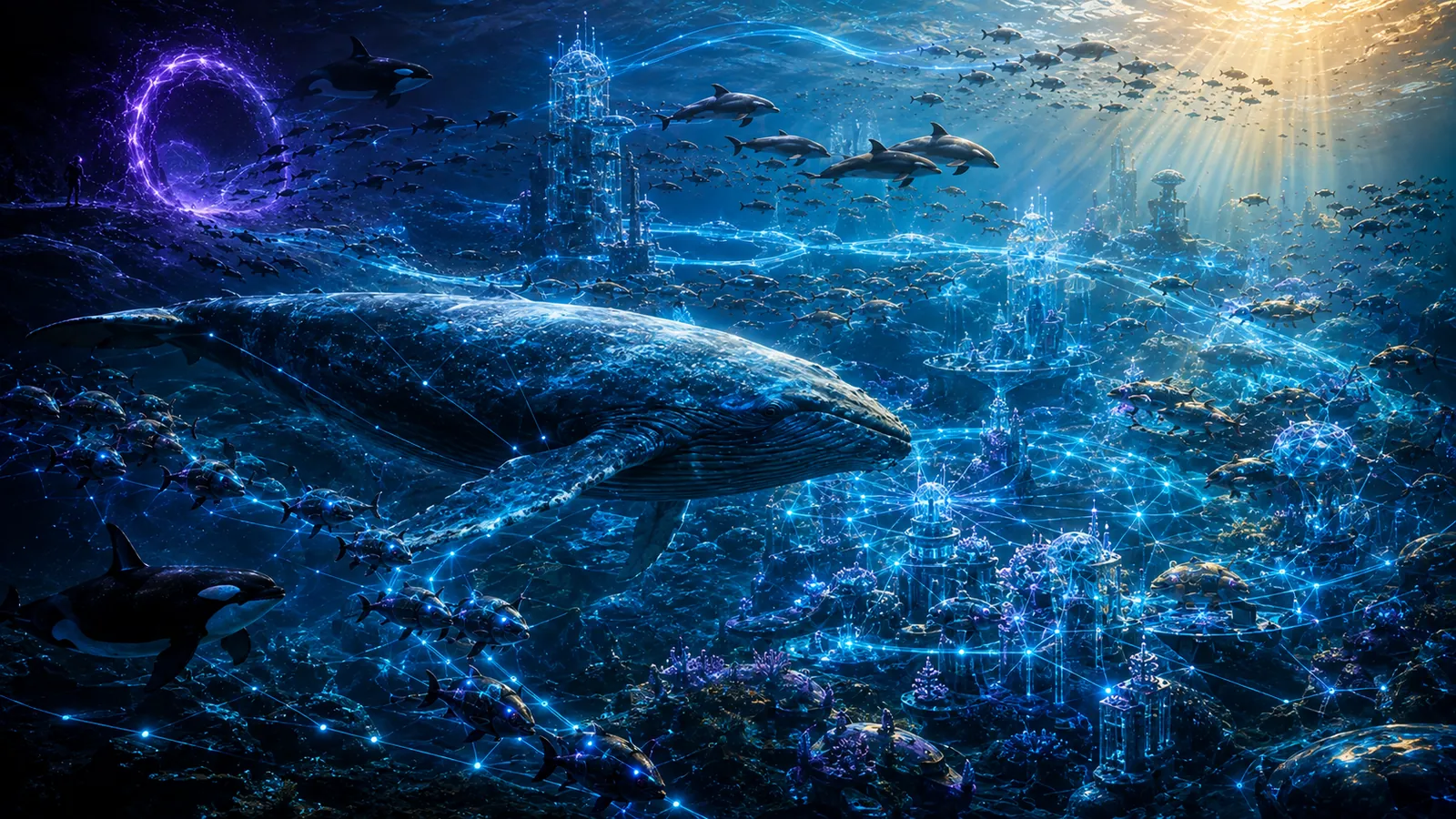 A lit structure rising on the seabed of the new ocean — towers, connected nodes and a whale moving through them.