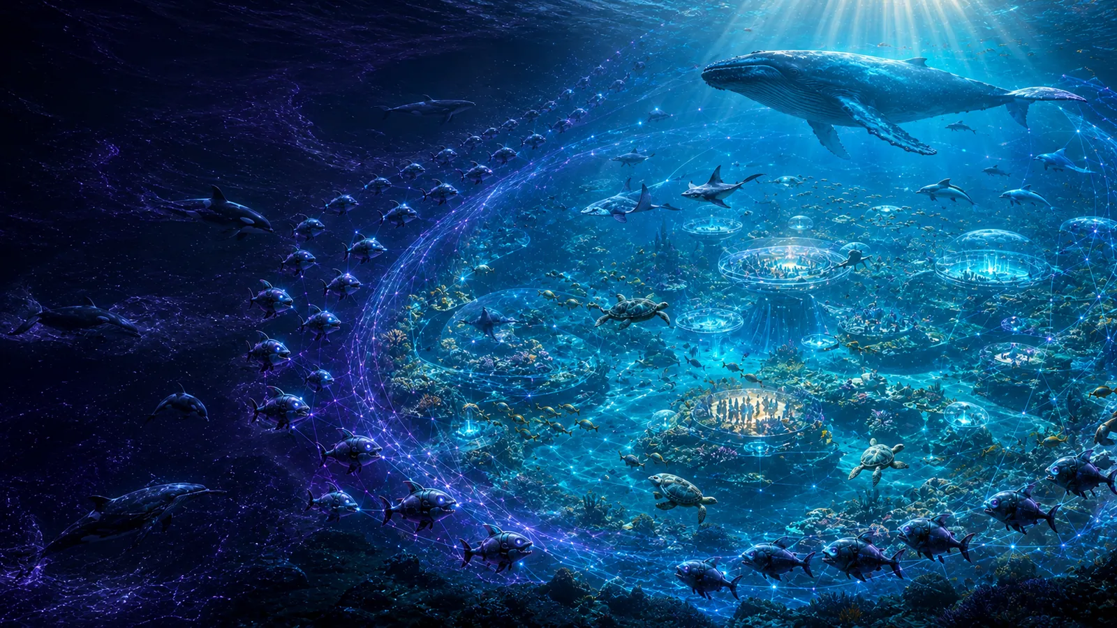 A living reef community gathered in lit domes, with a piranha perimeter holding the boundary and a whale overhead in clear water.