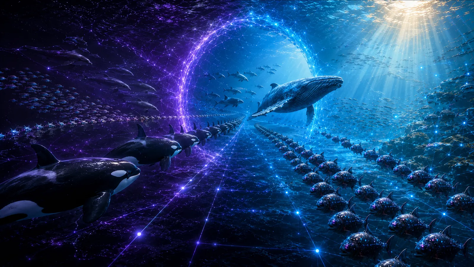 A whale crosses the gateway while killer whales follow in an orderly line and piranhas move in ranks on the lit side.