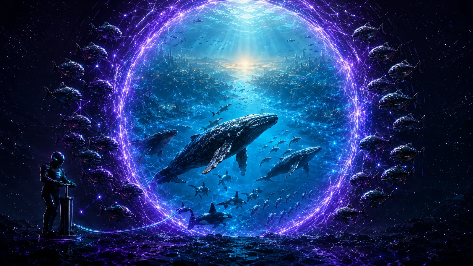 The Pump Tons Of Grams robot and the whales on the same side of a vast open gateway, the new ocean lit gold behind it, piranhas ringing the frame.